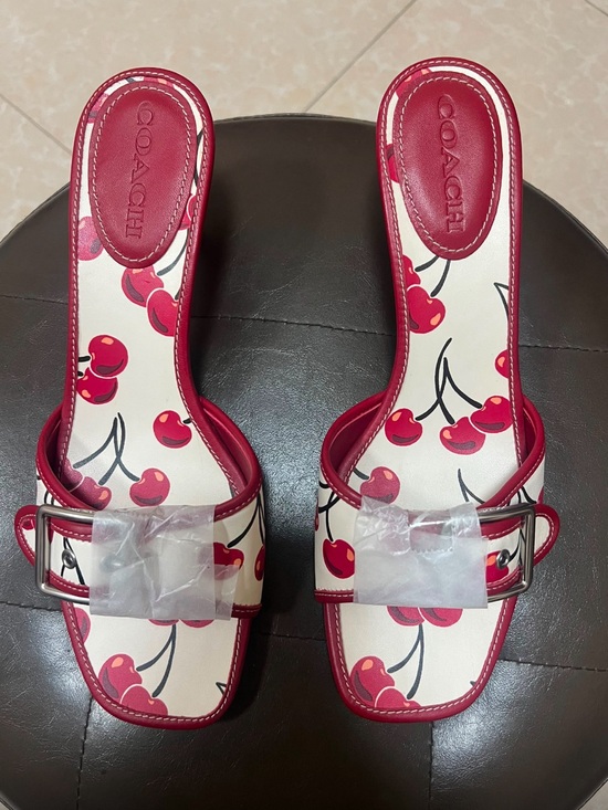 Coach Shoes - COACH Red Cherry Print Buckle Slide Sandals